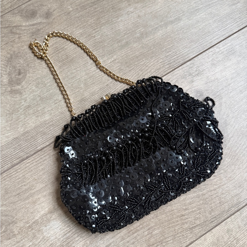 Black Beaded Sequin Evening Bag with Gold Chain